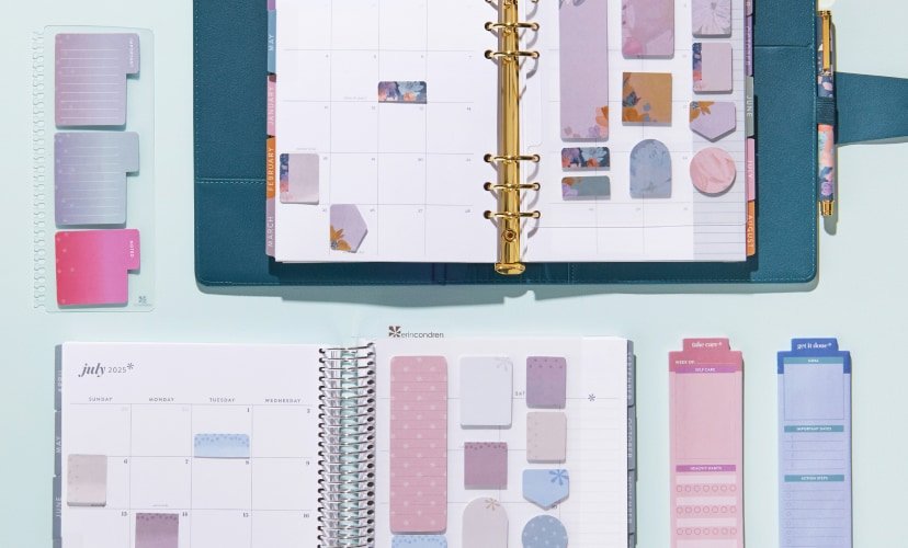 coiled planners featuring sticky notes and pockets