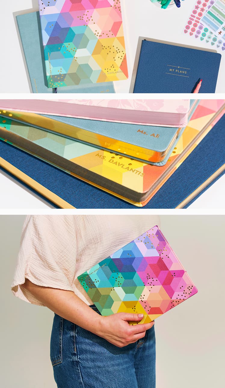 Softbound teacher lesson planners featuring new designs. Close up view of softbound planners featuring reflective and shiny paper edges. Woman holding a teacher lesson planner featuring hexagon design.