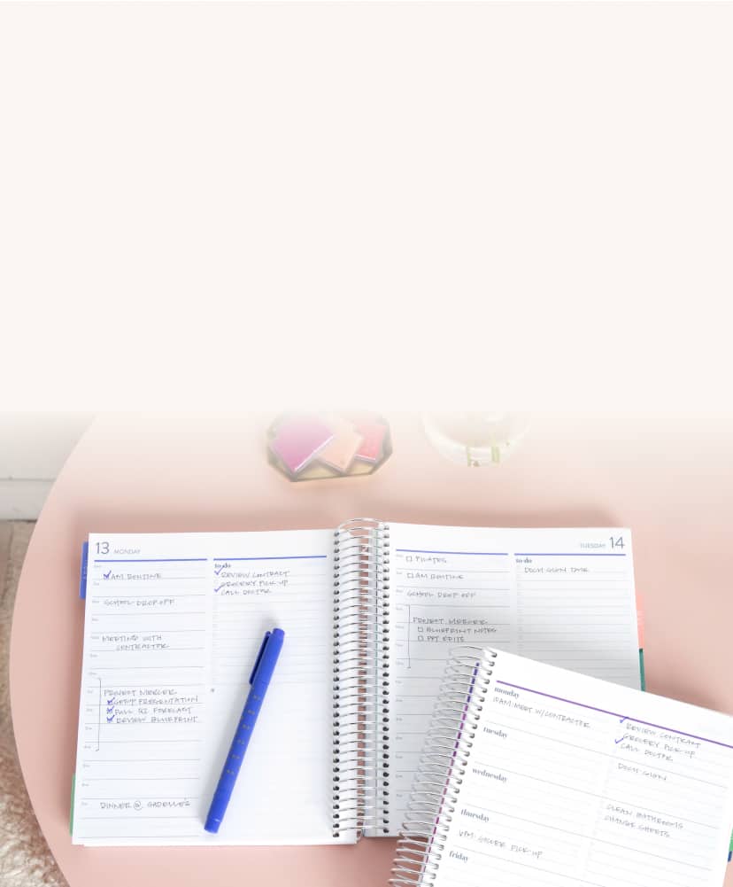 two daily duo planners on a pink table showcasing daily layouts with writing inside.