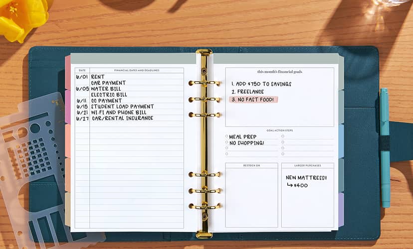 Open dark blue ring agenda with budgeting insert.
