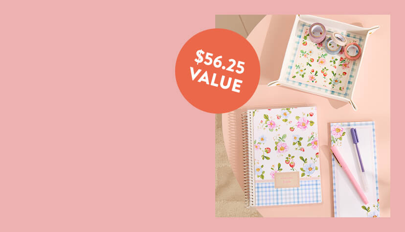 NEW Spring Seasonal Bundles. $56.25 value. Grid of Notebook and accessories on a desk . Click to shop now.