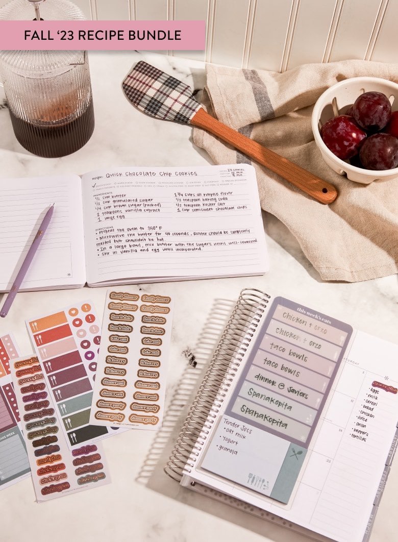 Fall 2023 Recipe bundle: softbound recipe planner, planner dashboard, stickers, and mixing spoon.