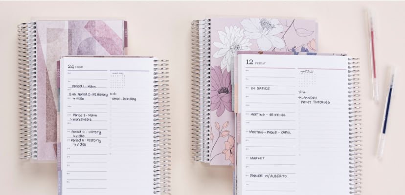 Overhead view of two LifePlanner duos: One set of A5 LifePlannersand one set of 7″ x 9″ LifePlanners-both sets with light pink or purple covers.