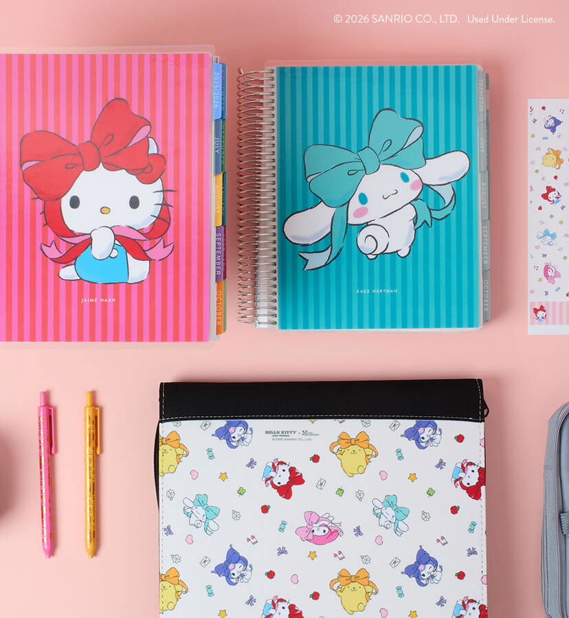 Hello Kitty planners on a colorful desk showing Last Chance designs! 50% Off Hello Kitty®. Shop now!