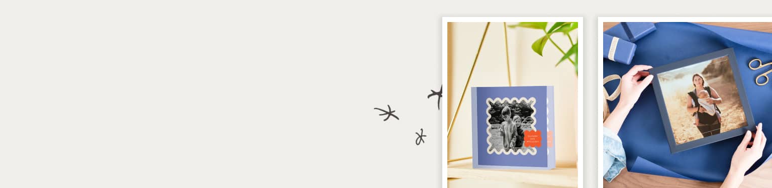 two polaroid images of custom photo products including a black-framed image and acrylic photo block