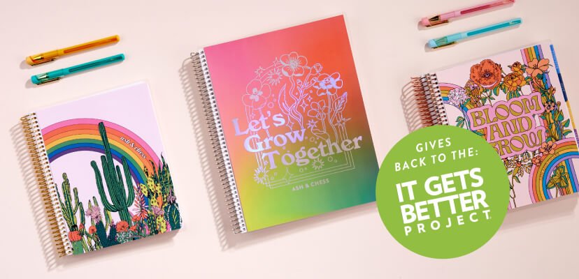 overhead view of coiled planners featuring new pride month 2023 designs