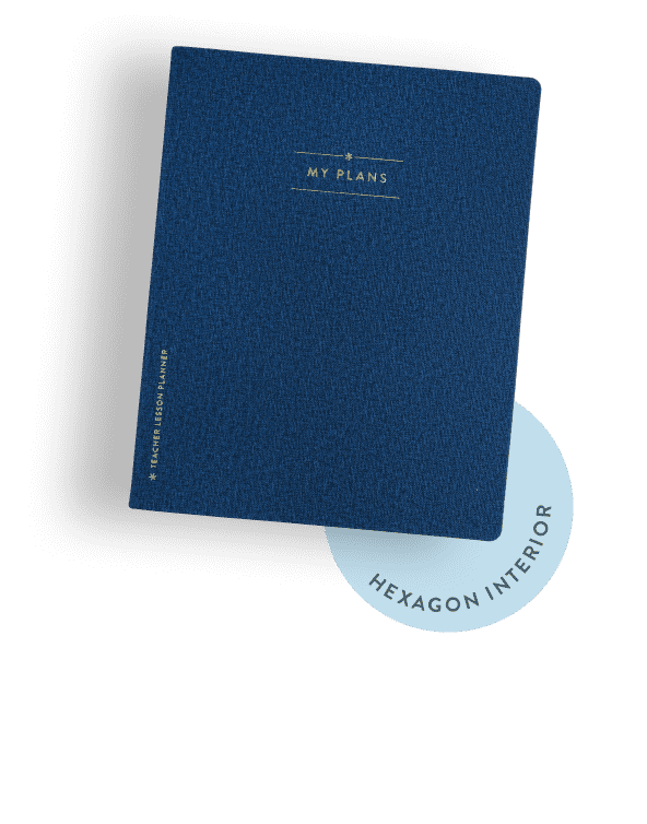 Softbound teacher lesson planner featuring sapphire color. Sticker below indicates it contains a hexagon interior design.