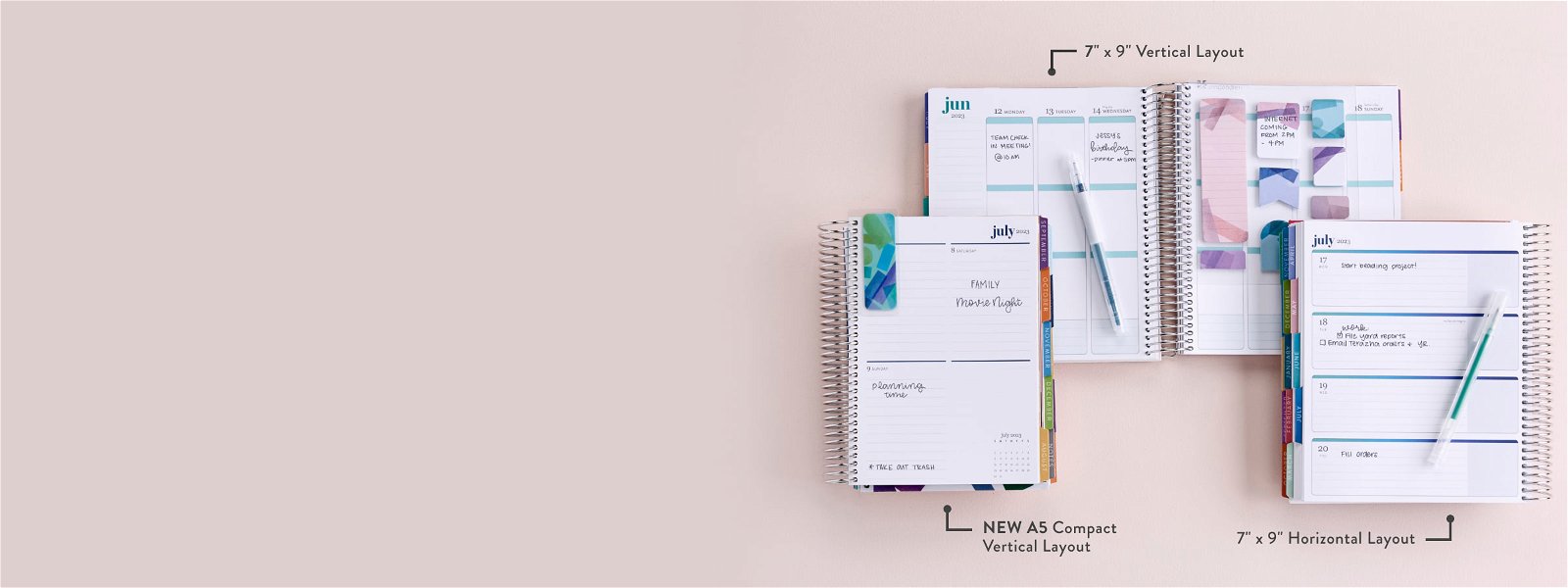 Overhead view of three Coiled Weekly Lifeplanners featuring different layout options including our 7″ x 9″ Vertical Layout, New A5 compact Vertical Layout, and 7″ x 9″ Horizontal Layout