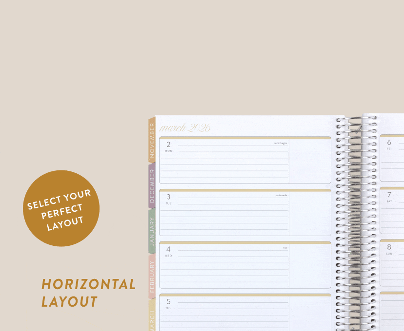 Multi-slide GIF of available LifePlanner layouts including Horizontal, Vertical, Hourly, and Dashboard.