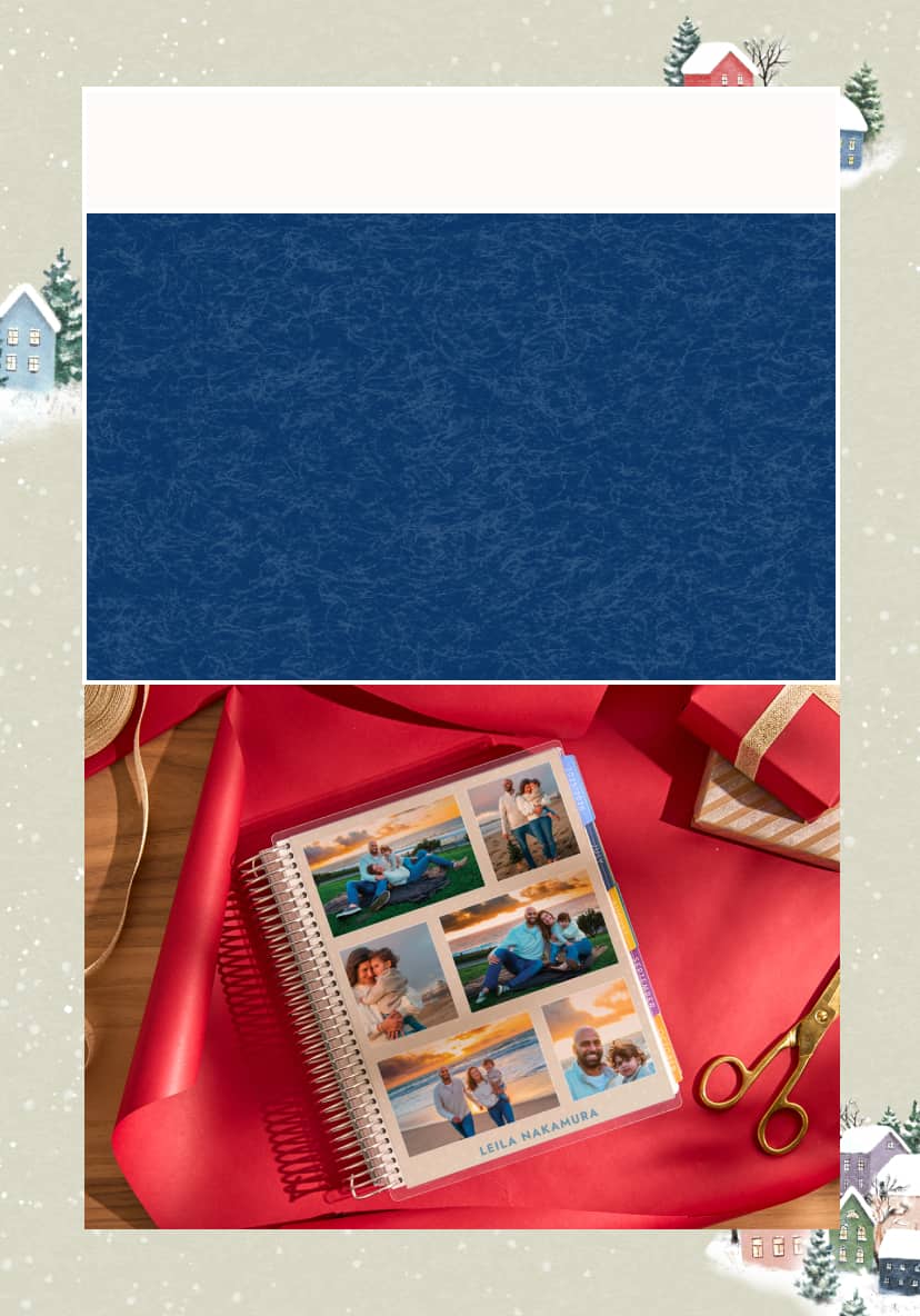 coiled lifeplanner featuring custom photo cover on top of red wrapping paper with ribbon. Click to shop 20% Off Dated 2026 planners.