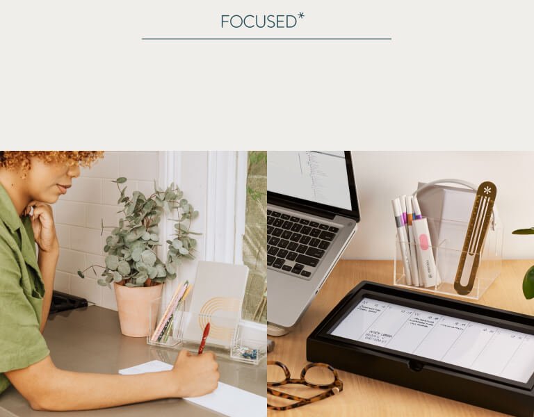 One of a woman writing next to Focused accessories, and one showing Focused desk accessories.