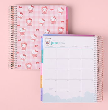 Two coiled lifeplanners featuring special edition Hello Kitty® designs. One book closed featuring special edition cover, one book open showing monthly spread. Click to shop now.