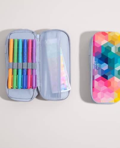 open and closed pencil case featuring multicolor hexagonal pattern. Click to shop.