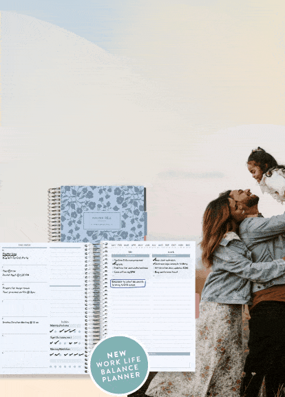Stacked, open and closed work life planners featuring special layout for managing work and life priorities. On the right, a new colorful priorities notepad. Click to shop goal setting planners.