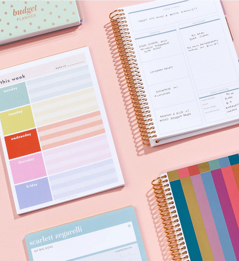 Flat lay of spiral-bound planners, notebooks, and notepads on a pink background, featuring colorful designs, gold accents, and organizational layouts.