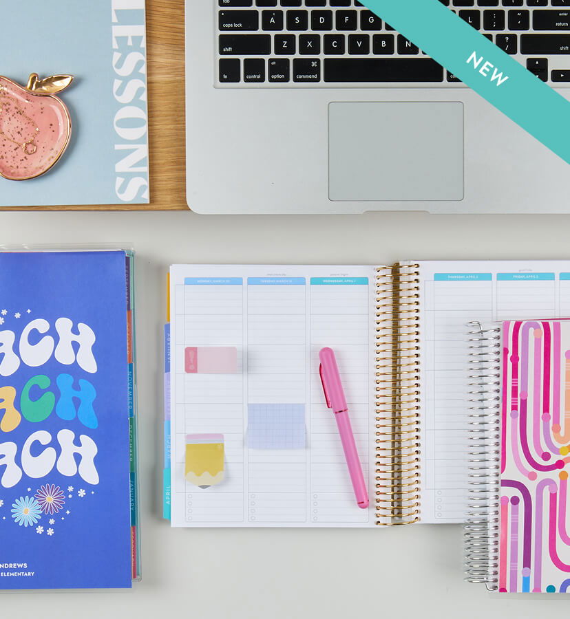 Back to school collection! A desk shot of academic and teacher lesson planners with new cover designs. Click to shop now.