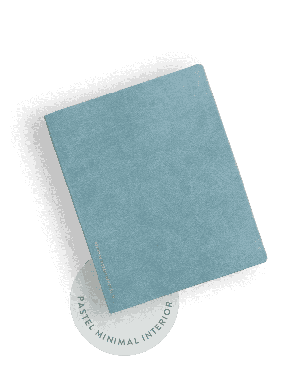  Softbound teacher lesson planner featuring eucalyptus cover. Sticker below it indicates it features pastel minimal interior