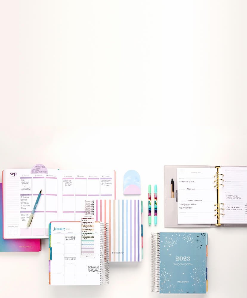 Overhead view of assorted LifePlanners and accessories