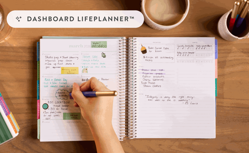 Erin Condren LifePlanner open on a desk, displaying a customizable weekly dashboard layout.