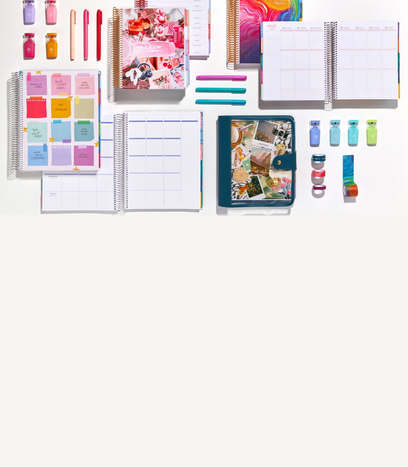 assorted coiled planners and accessories. Click to shop now.