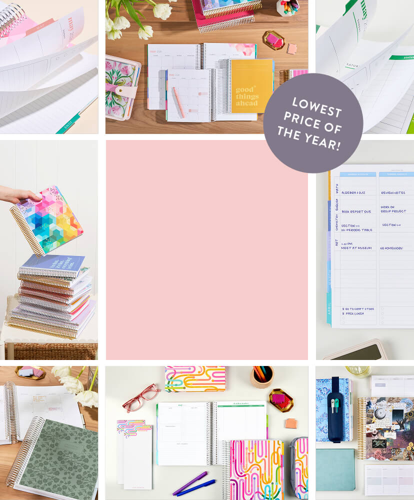 Grid of images showing 50% OFF Monthly & Academic Planners on desk. Click to Shop now!
