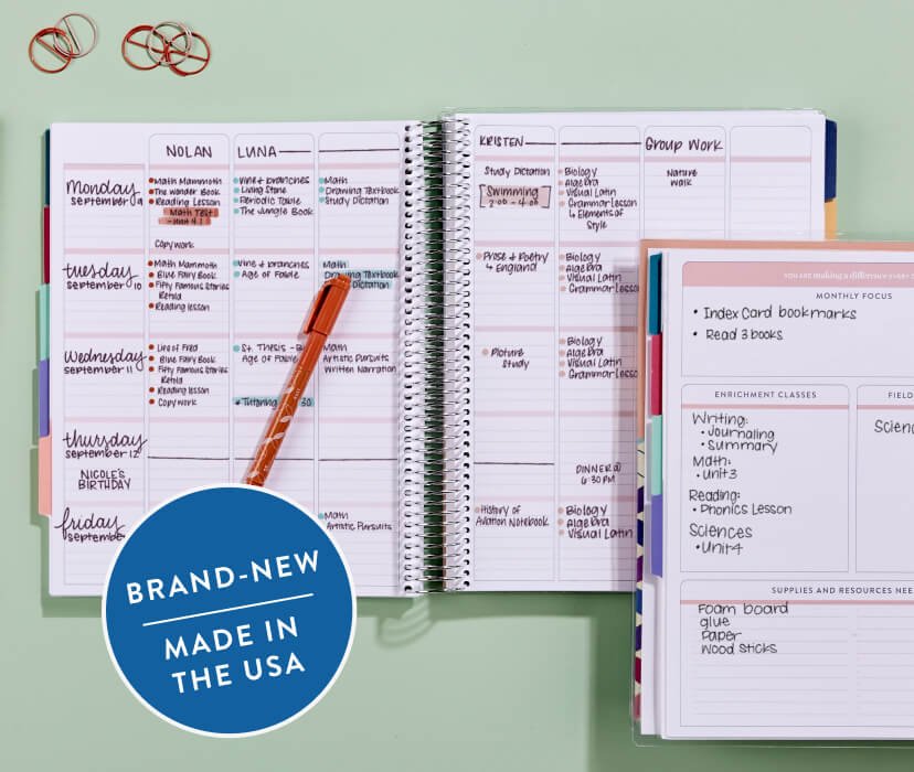 overhead view of homeschool planner with writing inside