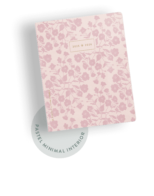 Softbound teacher lesson planner featuring Bouquet design. Sticker indicates it contains a pastel minimal interior design.