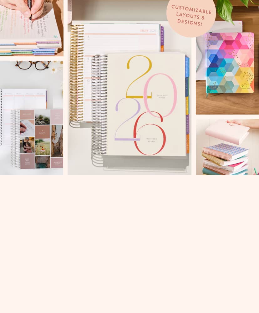 assorted shots of coiled and softbound lifeplanners. New Wedding Planner shown with custom cover featuring couple's engagement photo. Click to shop best sellers!