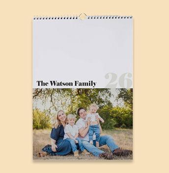 hanging photo calendar featuring a picture of a family outside. Click to shop Photo Calendars.