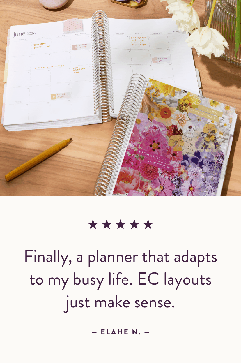 20% OFF everything Presidents' Day Sale. Grid of planners in new designs on a desk . Click to shop now.