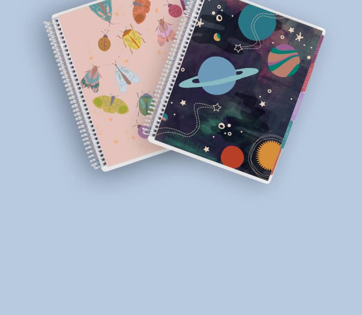 Two coiled kids planners featuring space and bugs designs. Click to shop