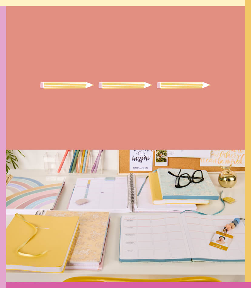 Grid of images showing 50% OFF Monthly & Academic Planners on desk. Click to Shop now!