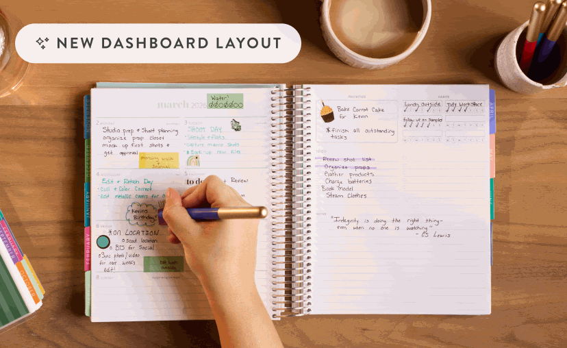 Erin Condren LifePlanner open on a desk, displaying a customizable weekly dashboard layout.