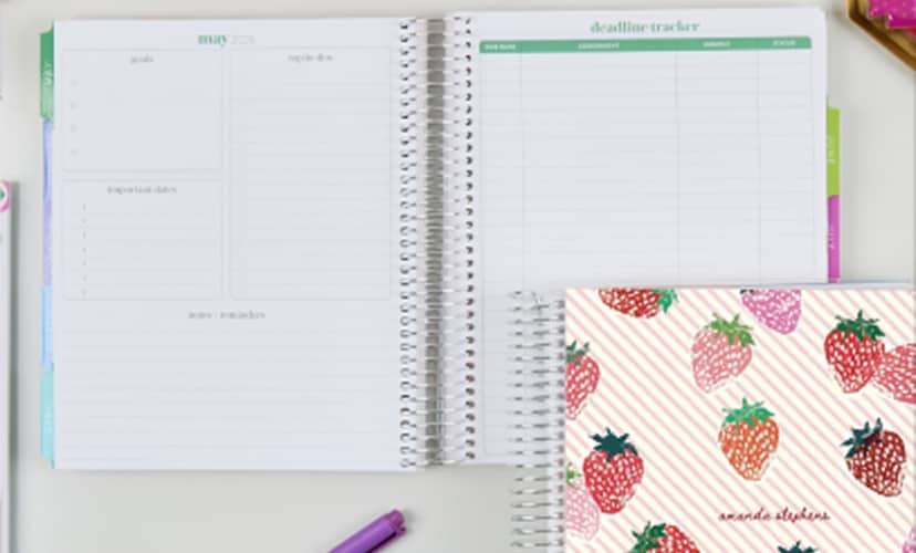 two coiled planners, one closed showing strawberry and stripes design, one open showing deadline tracker. Click to shop