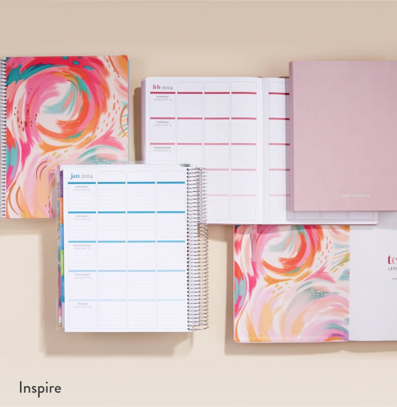 view of coiled and softbound Inspire teacher lesson planners
