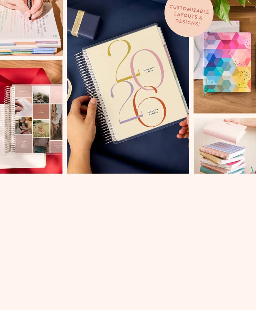 assorted coiled and softbound lifeplanners and accessories. Customizable layouts and designs available.