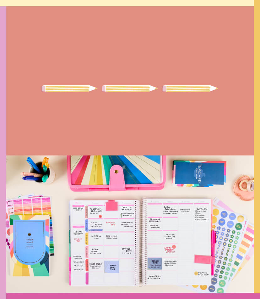 Grid of images showing 50% OFF Monthly & Academic Planners on desk. Click to Shop now!
