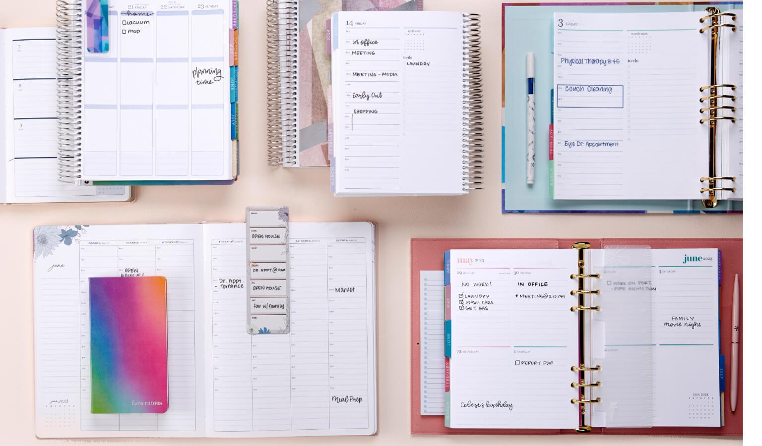 Overhead view of some of the LifePlanner Collection: Ring Agenda, Coiled Weekly, Coiled Daily, and Binder