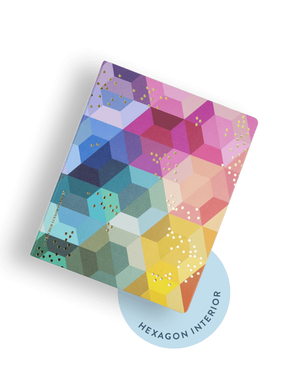 Softbound Teacher Lesson Planner featuring hexagon cover design. Sticker below it indicates it contains a hexagon interior design.