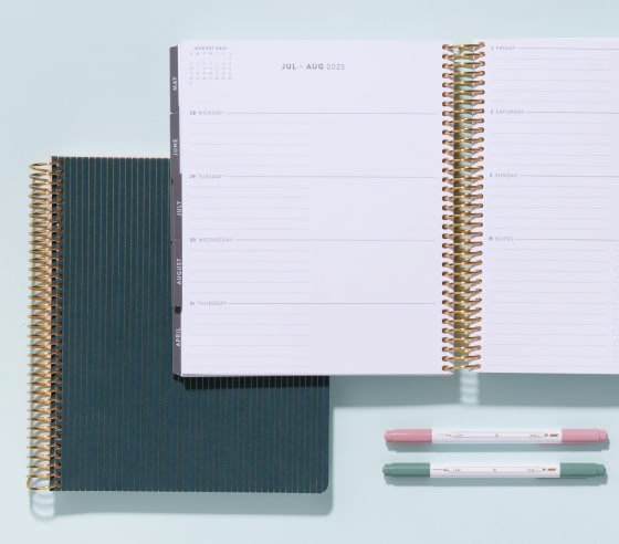 open focused lifeplanner stacked on top of a closed planner with 2 pens