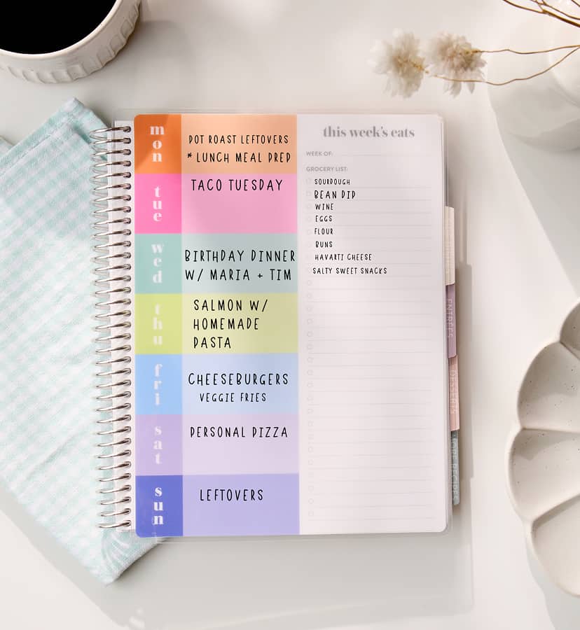 open coiled planner featuring snap in meal planning accessory. Click to shop Snap In Accessories.