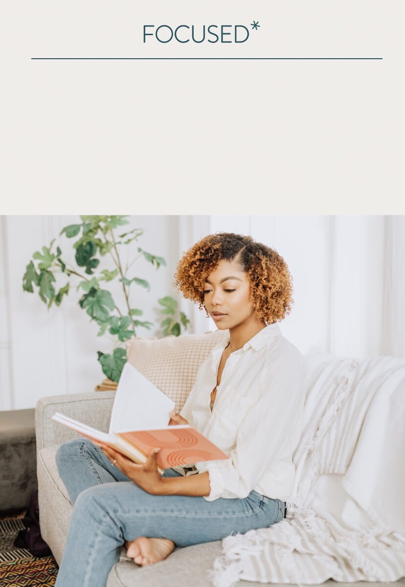 One of a woman writing next to Focused accessories, and one showing Focused desk accessories.