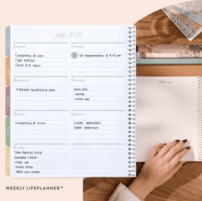 20% OFF everything Presidents' Day Sale. Grid of planners in new designs on a desk . Click to shop now.