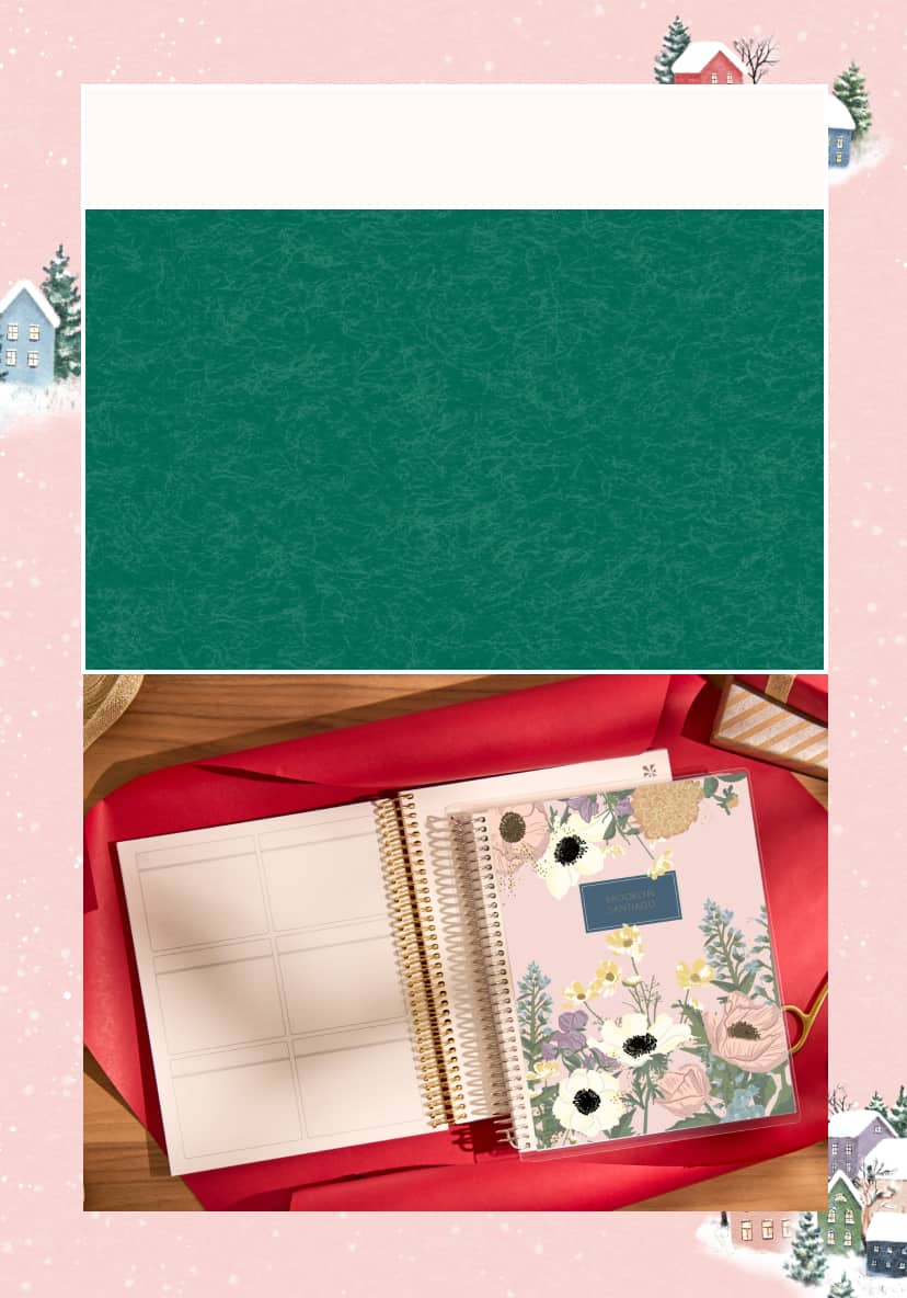 coiled lifeplanner featuring custom photo cover on top of red wrapping paper with ribbon. Click to shop 20% Off Dated 2026 planners.