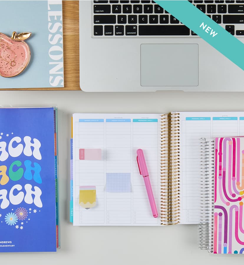 assorted academic planners and teacher lesson planners with accessories. Click to shop now.