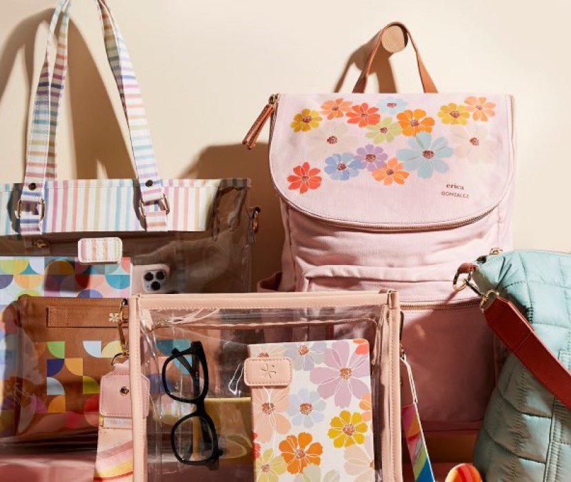 head on view of assorted bags and totes featuring personalization and different designs 