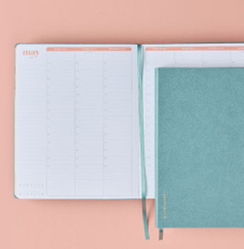  Dated 8x10 Softbound Planners. One open showing hourly layout, one closed on top with a turquoise cover. Click to shop Dated 8x10 Softbound Planners.